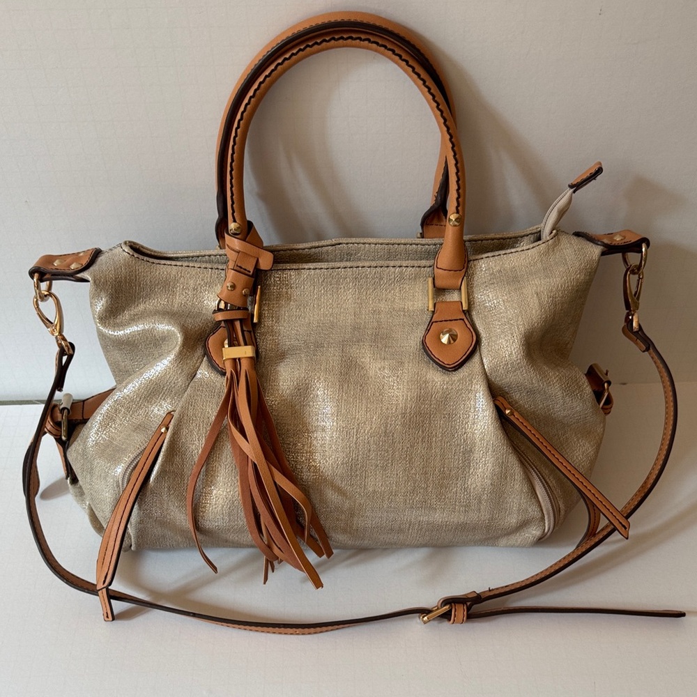 Sondra Roberts Squared Bag Tan Shiny Double Handles Detachable Shoulder Strap